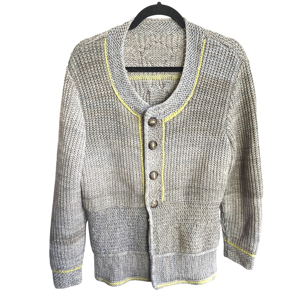 Vintage Hand Knit Grey Cardigan Sweater Yellow Trim Cable Knit Button Front M